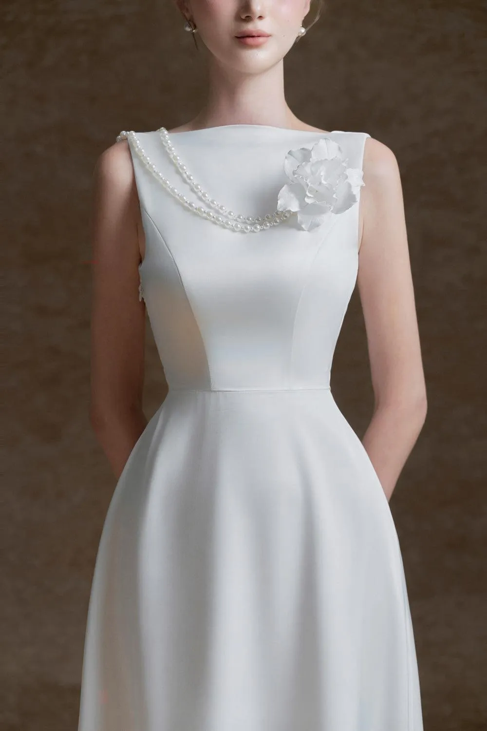 Alida A-line Boat Neck Twill Silk Ankle Length Dress