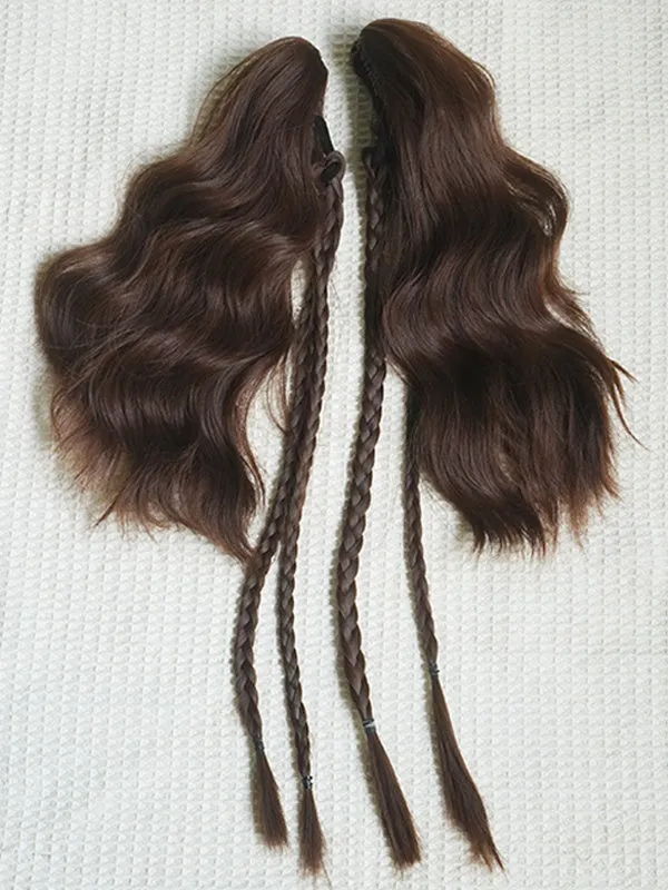 Caramel Bob Cut Short Wig With Bangs＋Double Wavy Ponytail Claw Clips