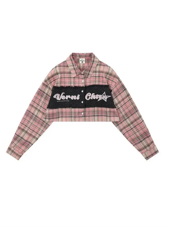 Check Splicing American Retro Short Shirt