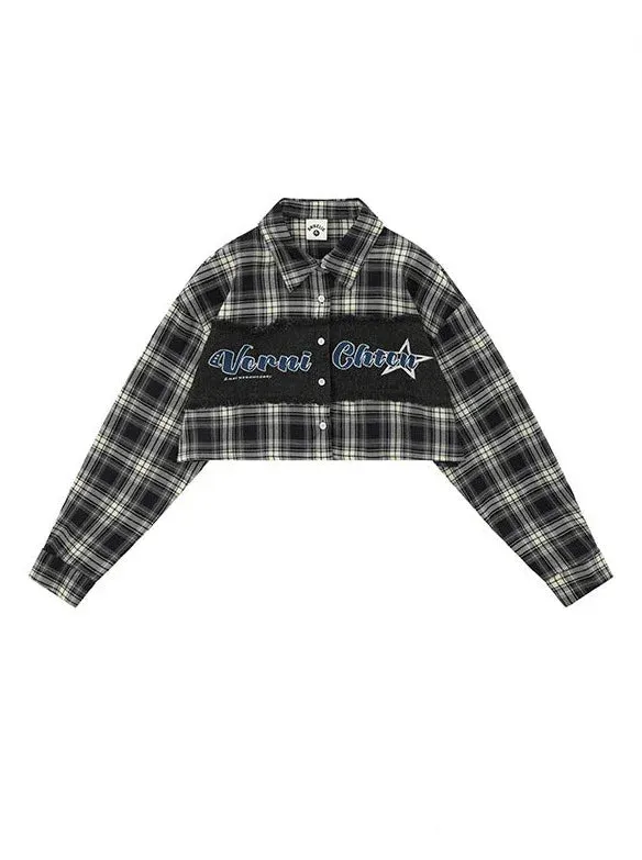 Check Splicing American Retro Short Shirt