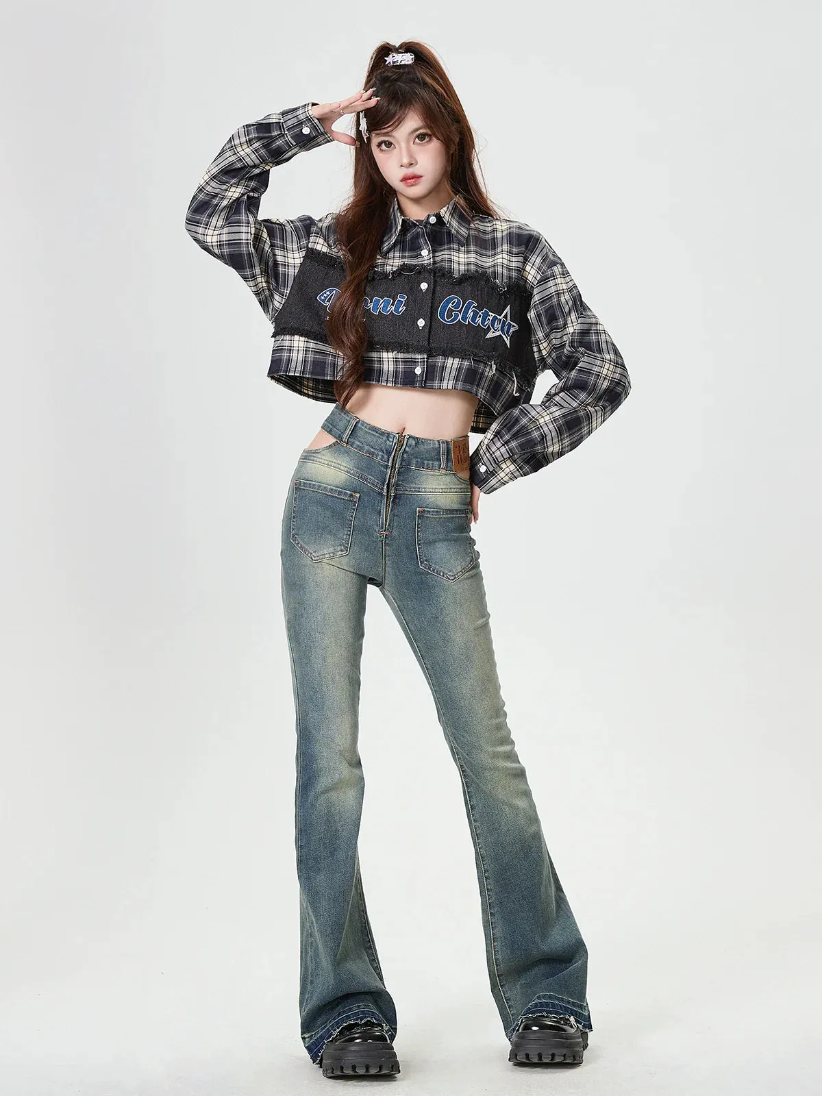 Check Splicing American Retro Short Shirt