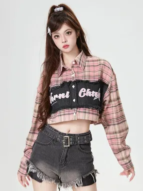Check Splicing American Retro Short Shirt