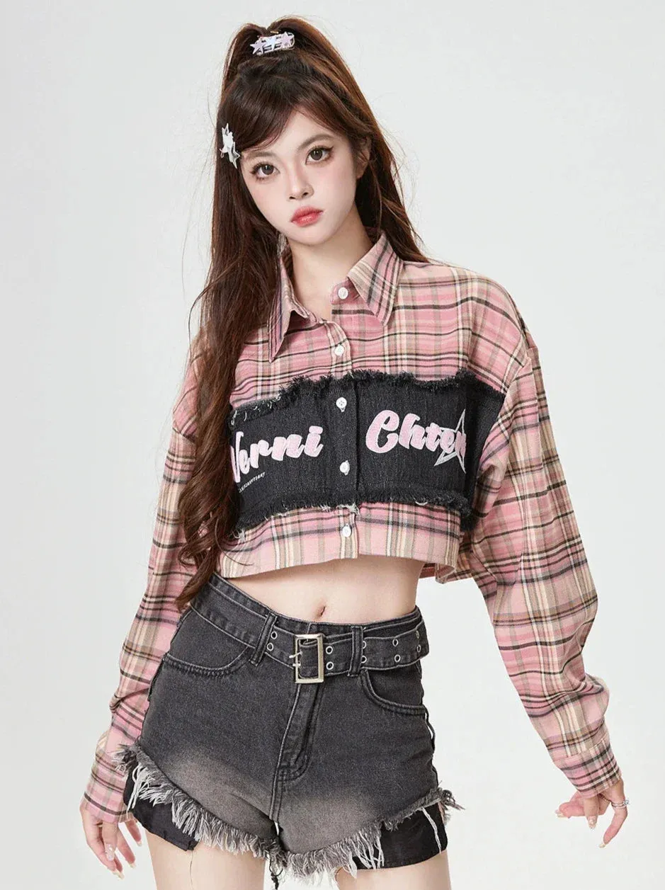 Check Splicing American Retro Short Shirt