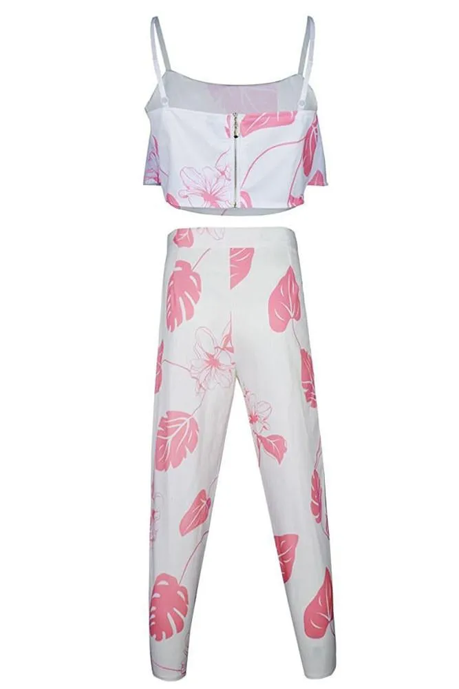 Floral Silk Crop Top and High-Waisted Pant Set in Pink Mottled Design