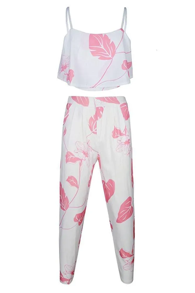 Floral Silk Crop Top and High-Waisted Pant Set in Pink Mottled Design