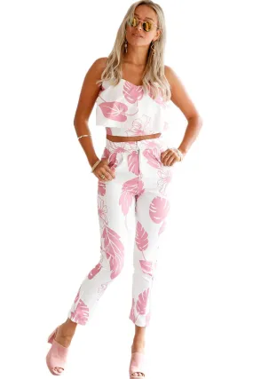 Floral Silk Crop Top and High-Waisted Pant Set in Pink Mottled Design