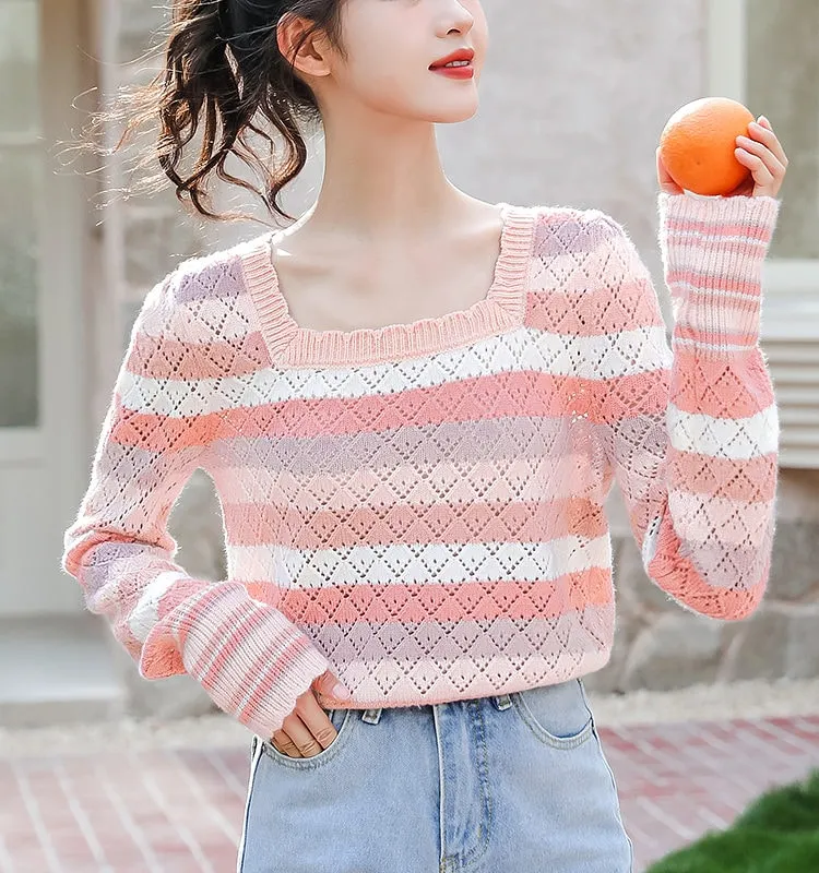 French Fashion Pink Striped Hollow Sweater