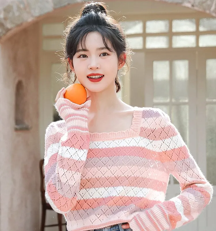 French Fashion Pink Striped Hollow Sweater