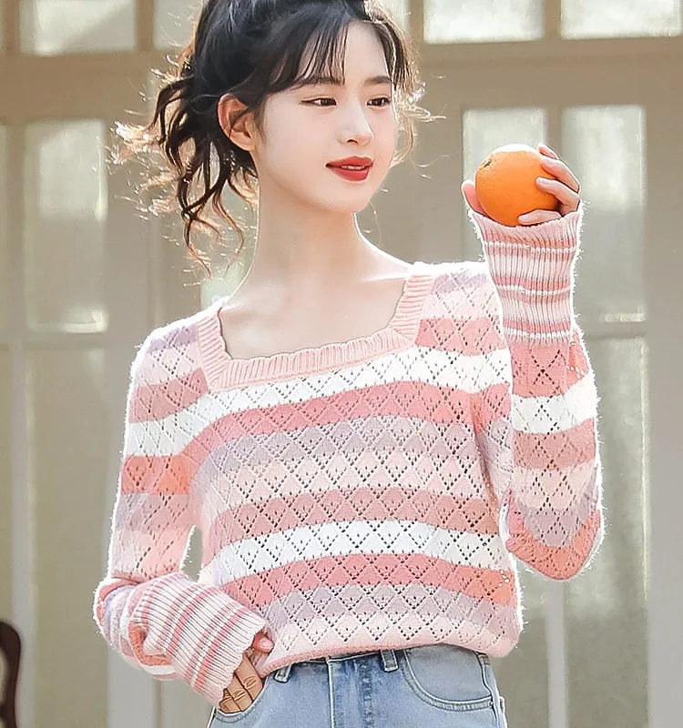 French Fashion Pink Striped Hollow Sweater