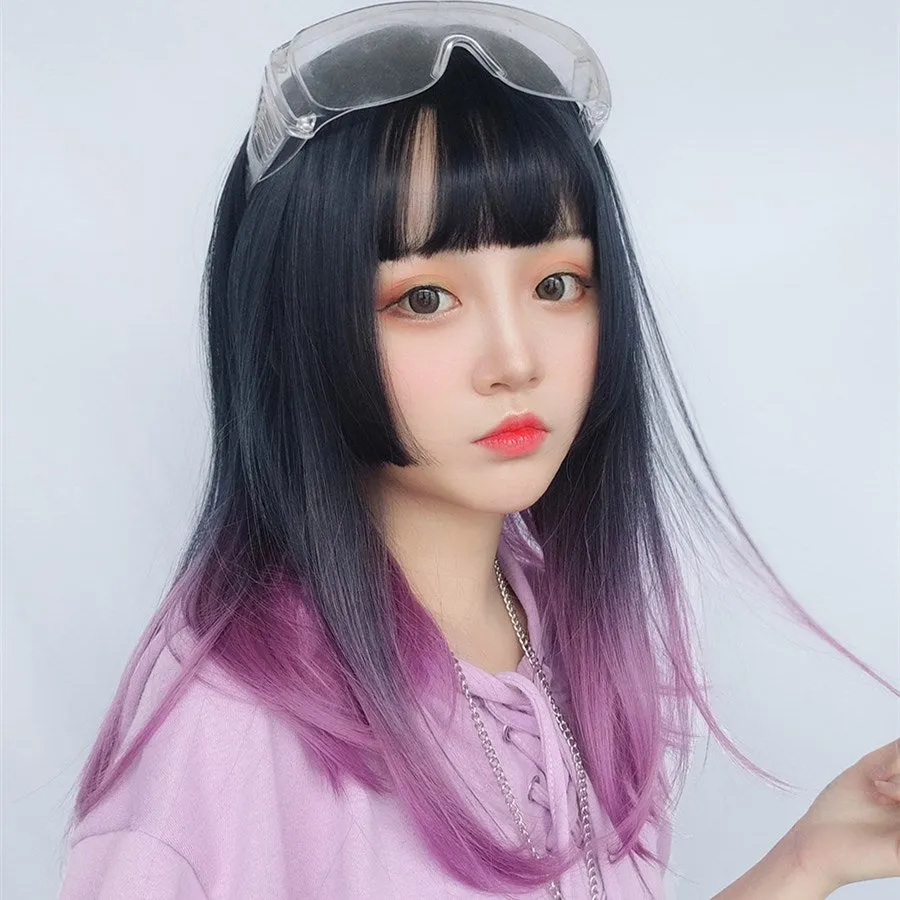 Gradient Purple Medium Length Straight Hair Wig YC24414