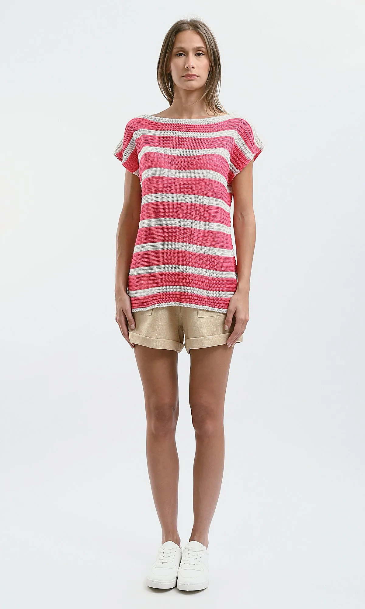 O182710 Trendy Striped Slip On Summer Top - Pink & White