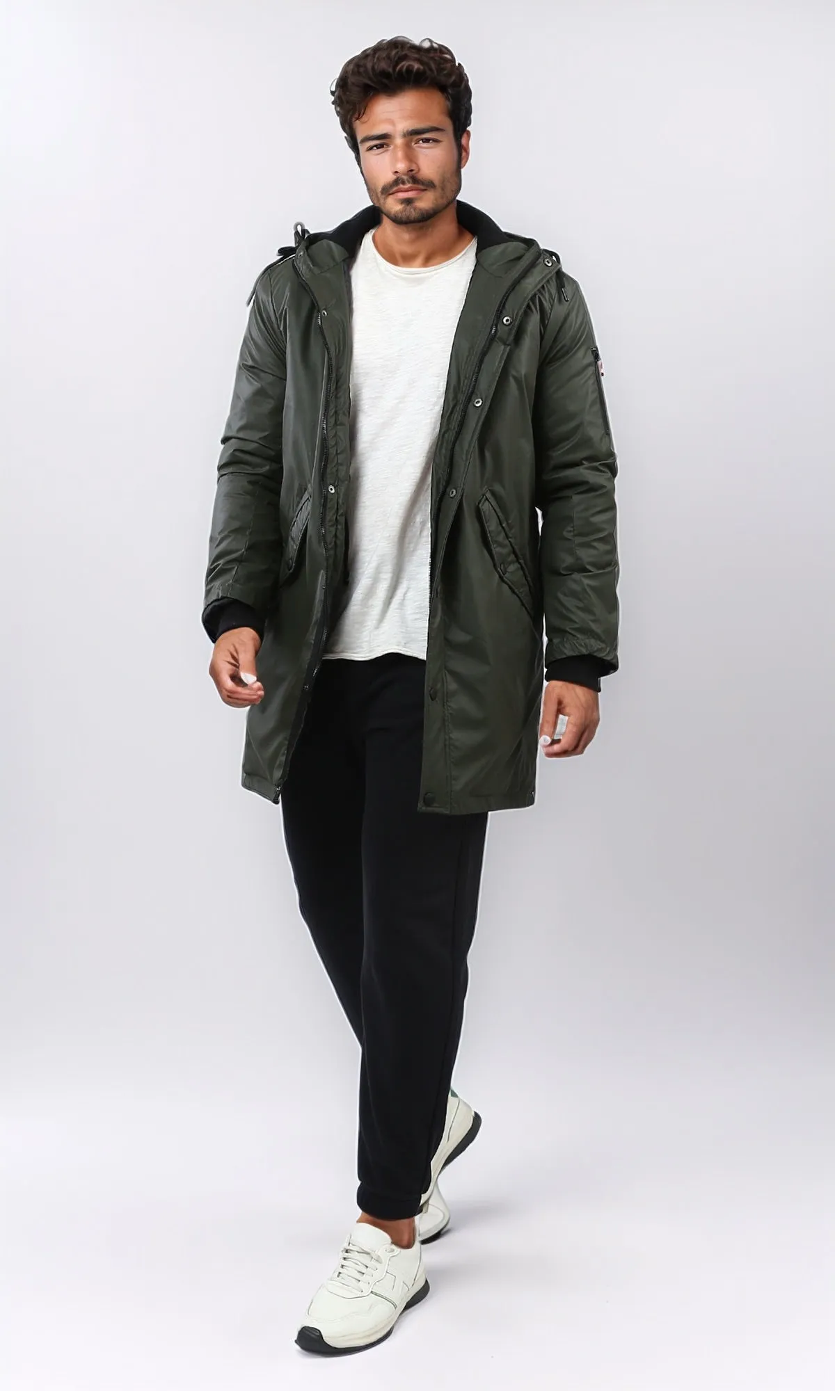 o197944 - Windbreaker Long Jacket With Front Pockets - Dark Olive