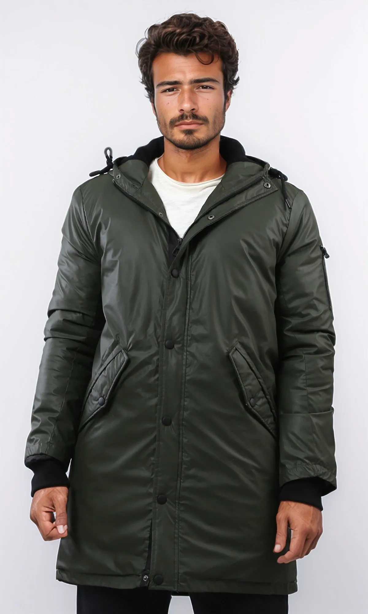 o197944 - Windbreaker Long Jacket With Front Pockets - Dark Olive