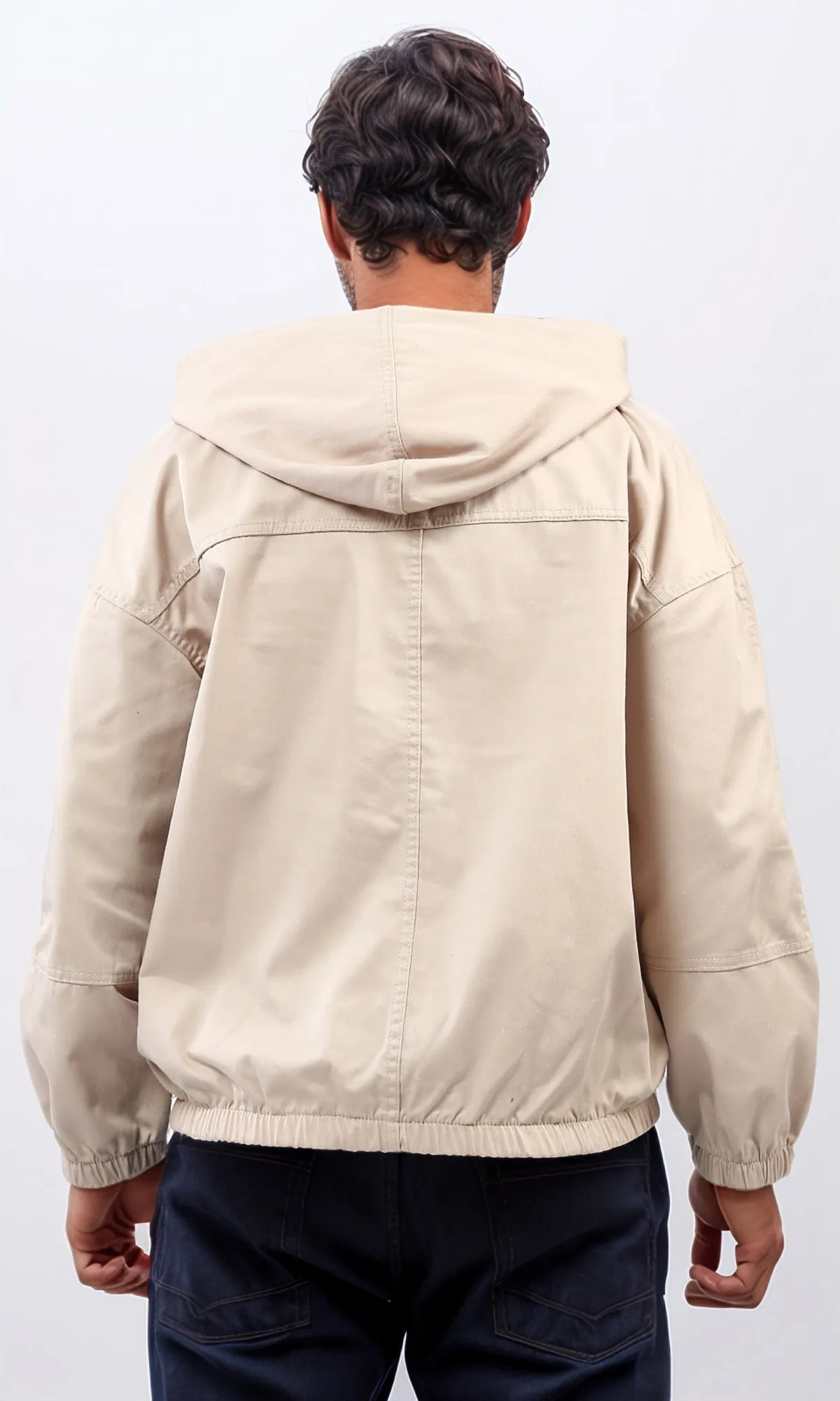 o199922 - Kangaroo Pocket Casual Hoodie With Zipped Neck - Light Beige