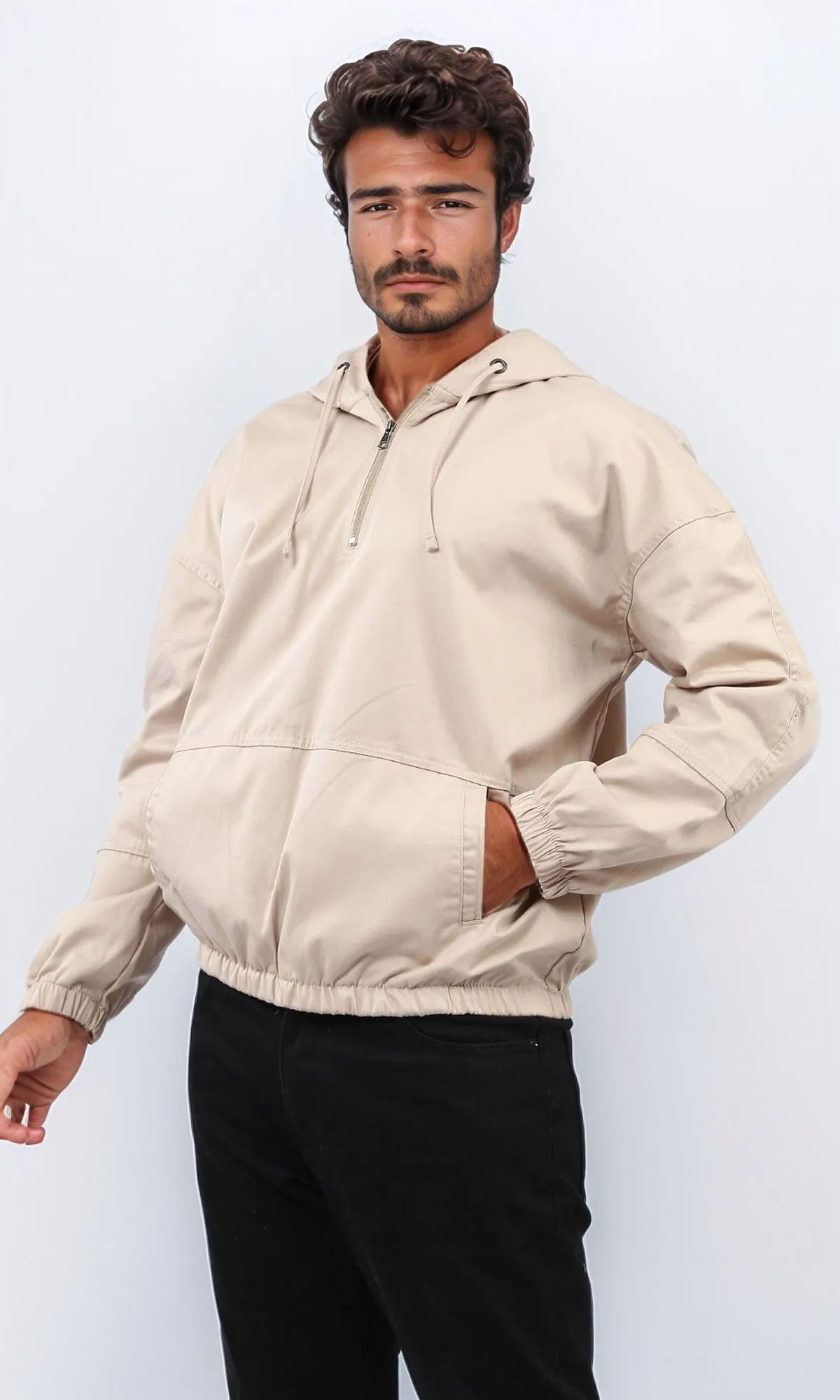 o199922 - Kangaroo Pocket Casual Hoodie With Zipped Neck - Light Beige