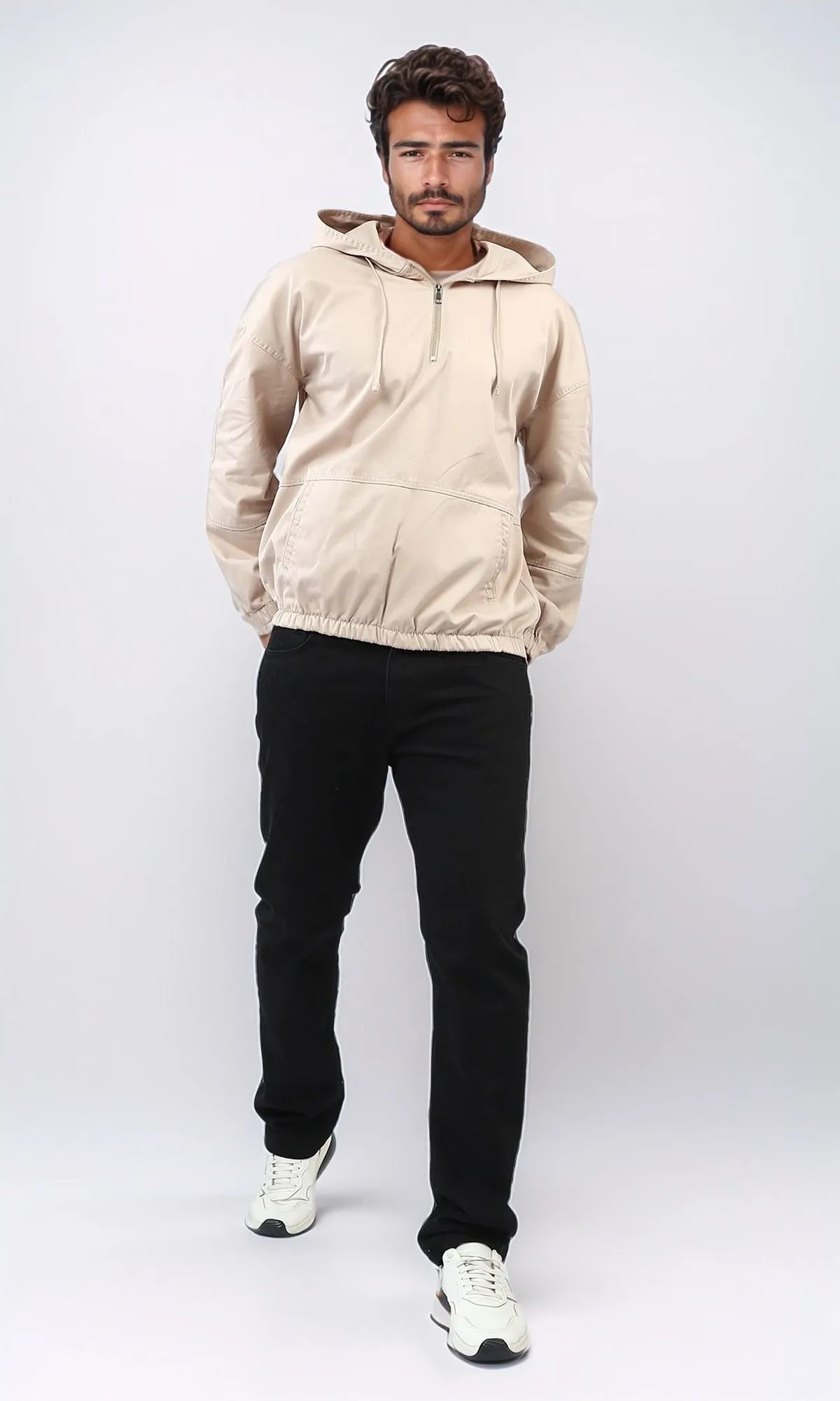 o199922 - Kangaroo Pocket Casual Hoodie With Zipped Neck - Light Beige