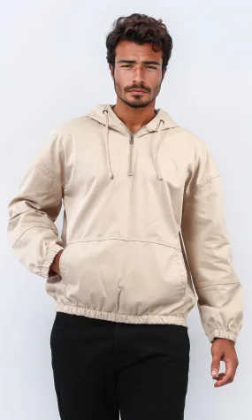 o199922 - Kangaroo Pocket Casual Hoodie With Zipped Neck - Light Beige