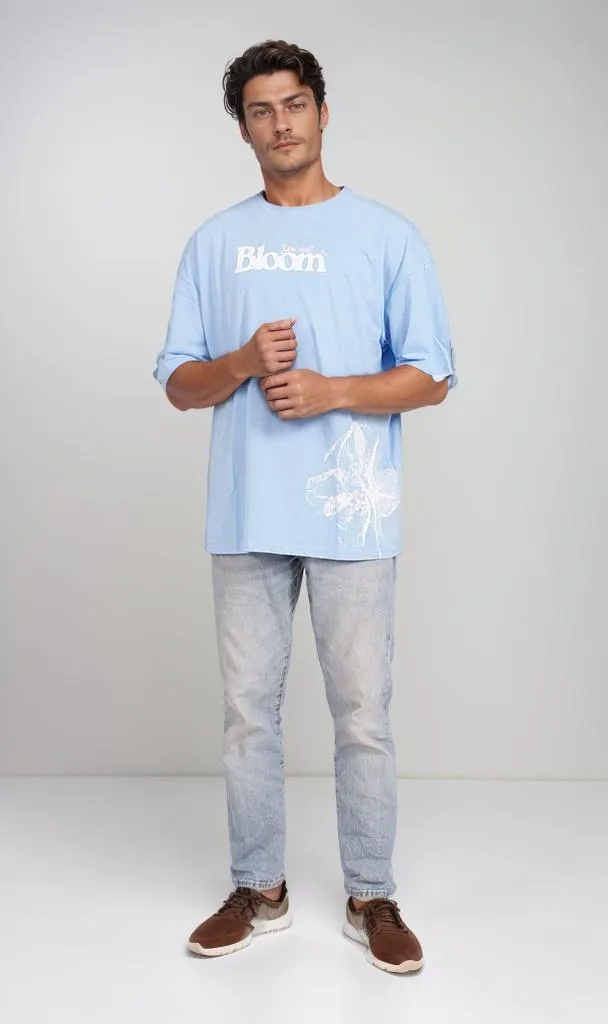 O203121 - Floral "Bloom Yourself" Oversized T-Shirt  Light Blue