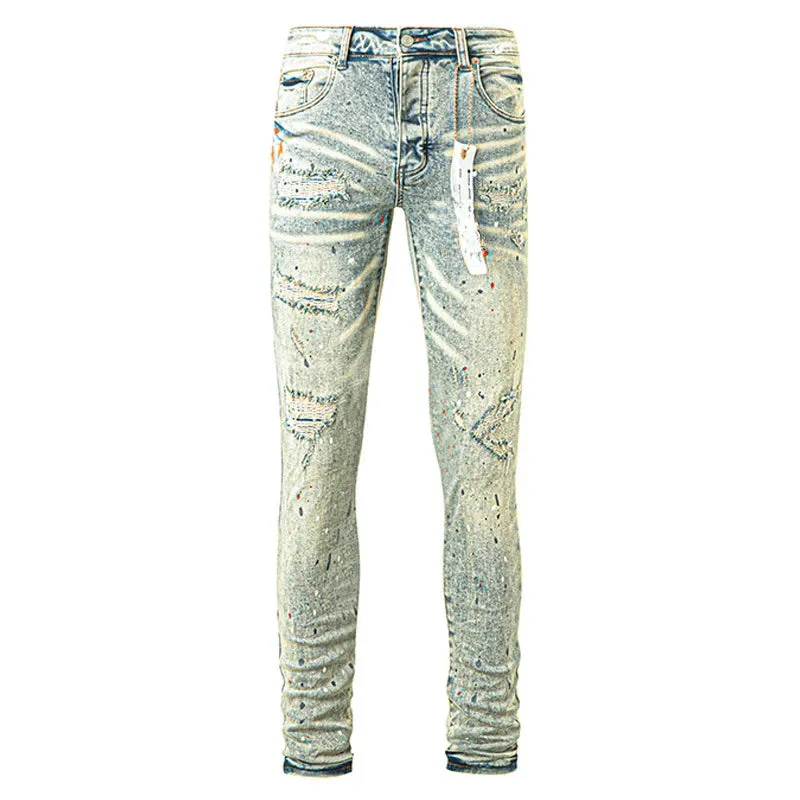 Purples Jeans Trendy Ripped Dirty Wash Straight American Jeans Brands Pants
