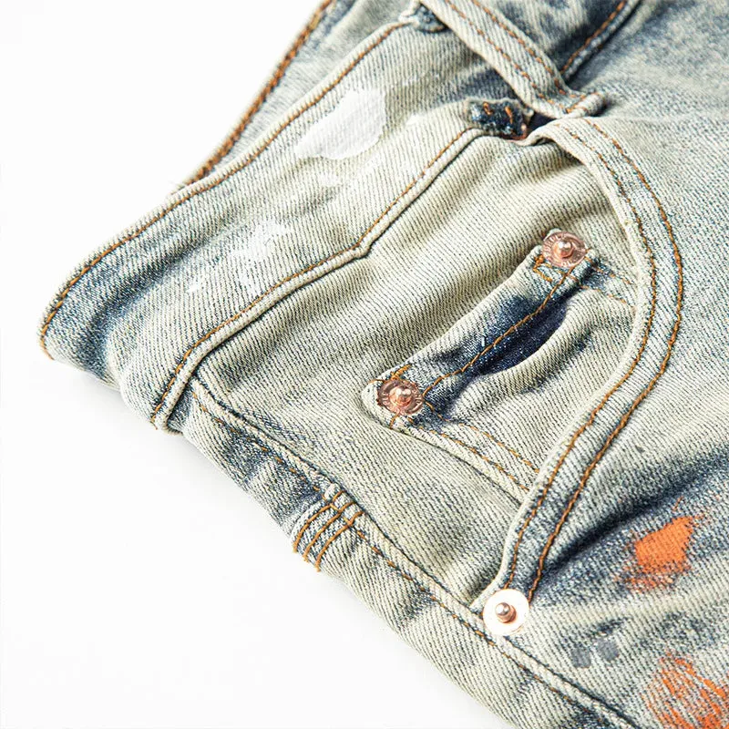 Purples Jeans Trendy Ripped Dirty Wash Straight American Jeans Brands Pants