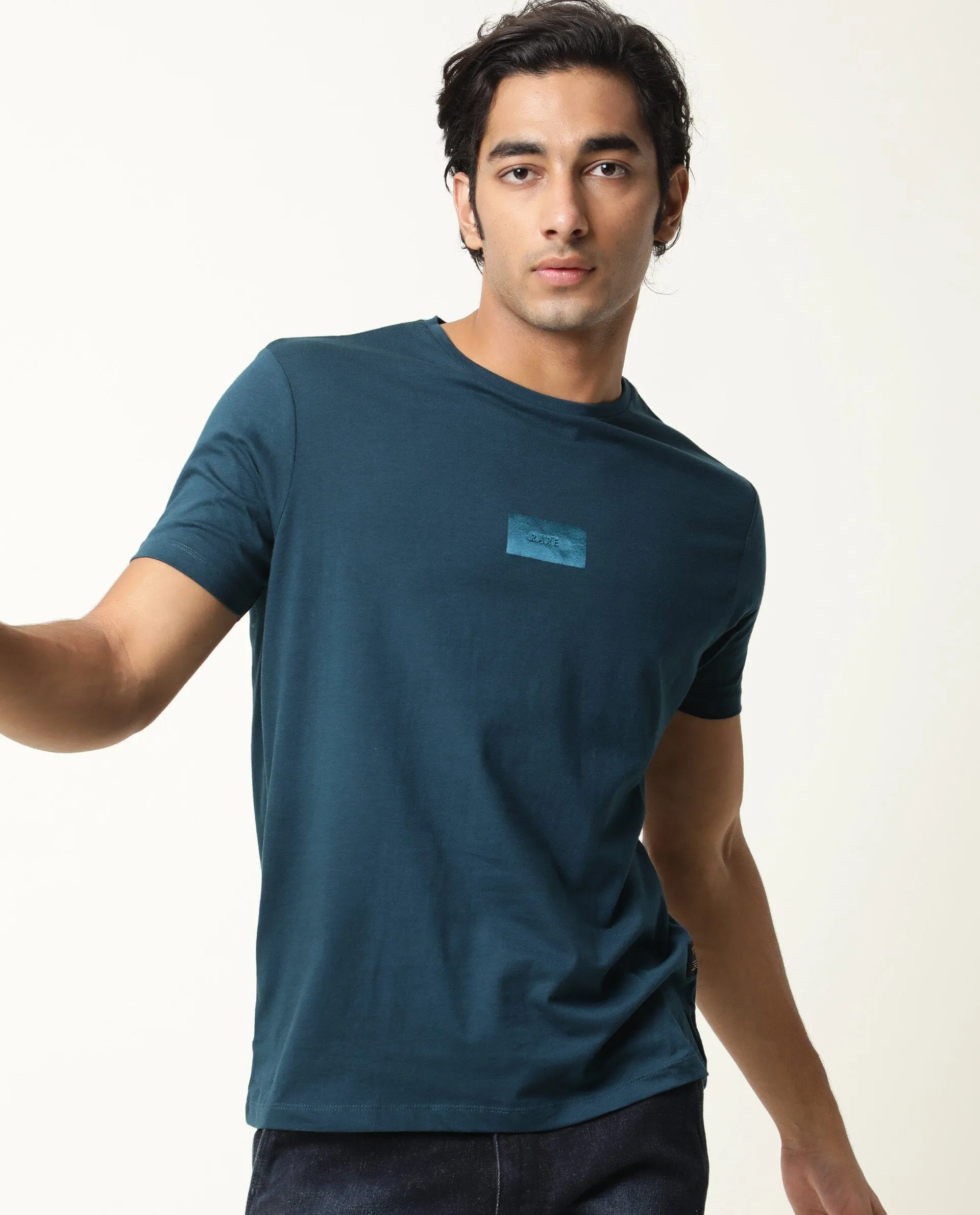 Rare Rabbit Nex Petrol Crew Neck Foil HD Print Half Sleeves Slim Fit T-Shirt