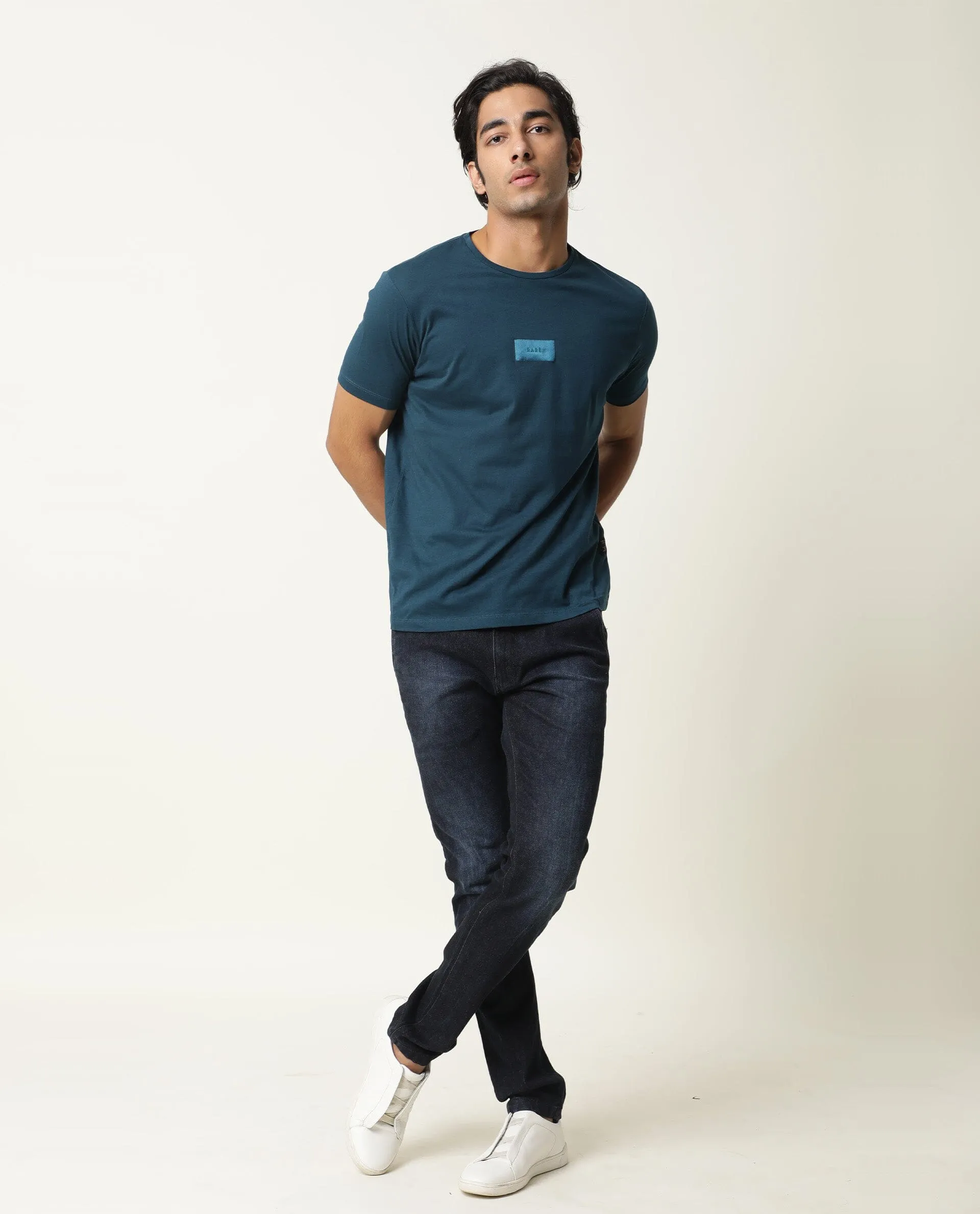Rare Rabbit Nex Petrol Crew Neck Foil HD Print Half Sleeves Slim Fit T-Shirt
