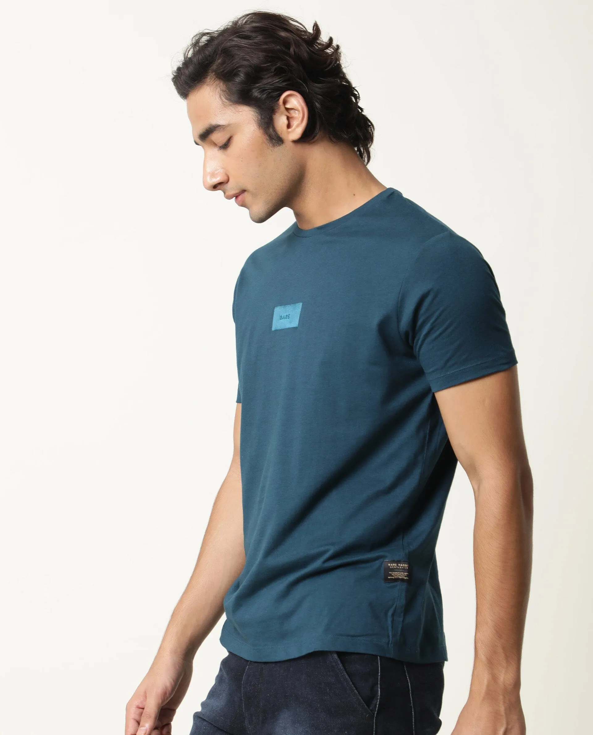 Rare Rabbit Nex Petrol Crew Neck Foil HD Print Half Sleeves Slim Fit T-Shirt