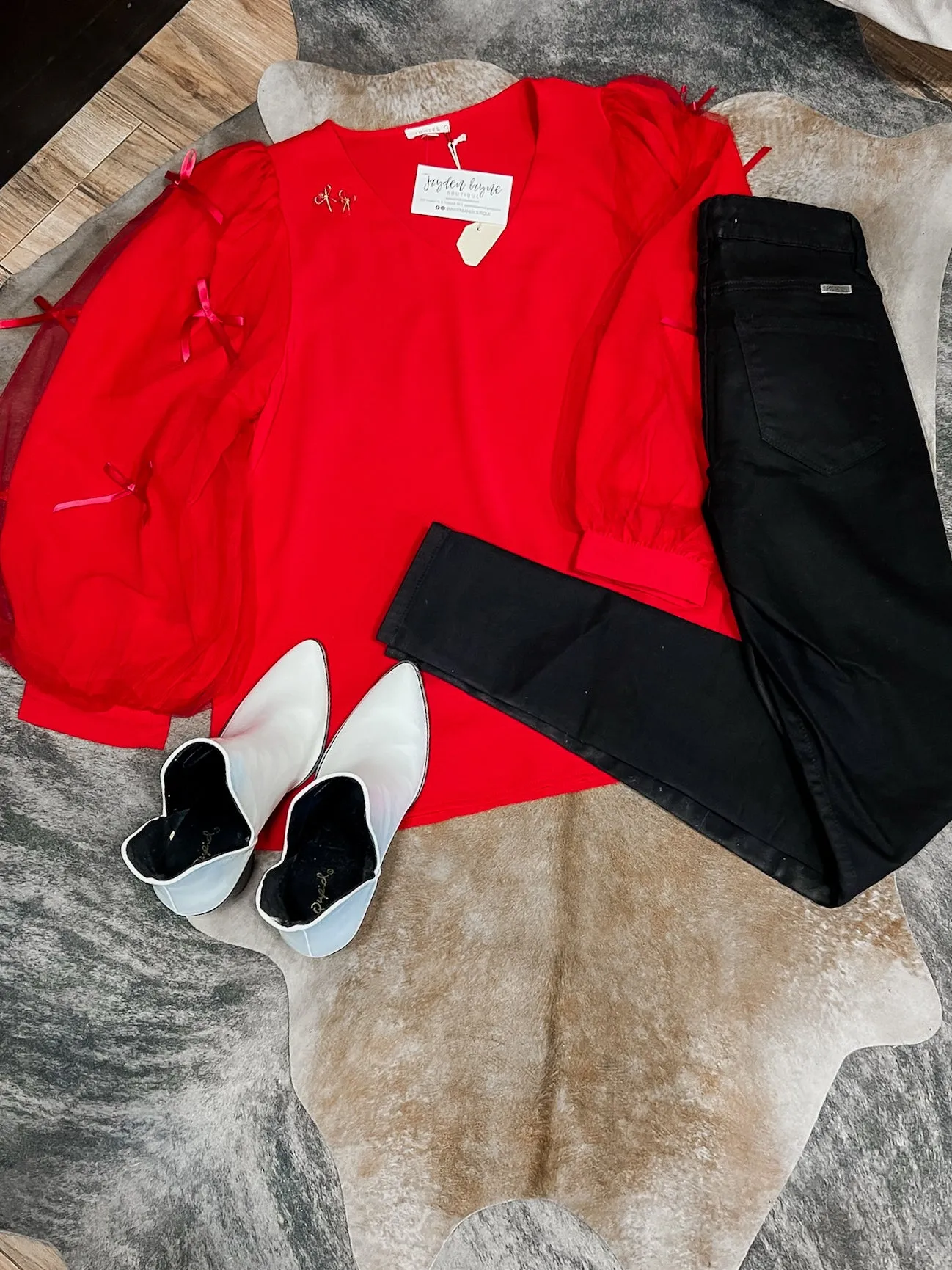 Red Mesh Bow Double Layered Long Sleeve Top