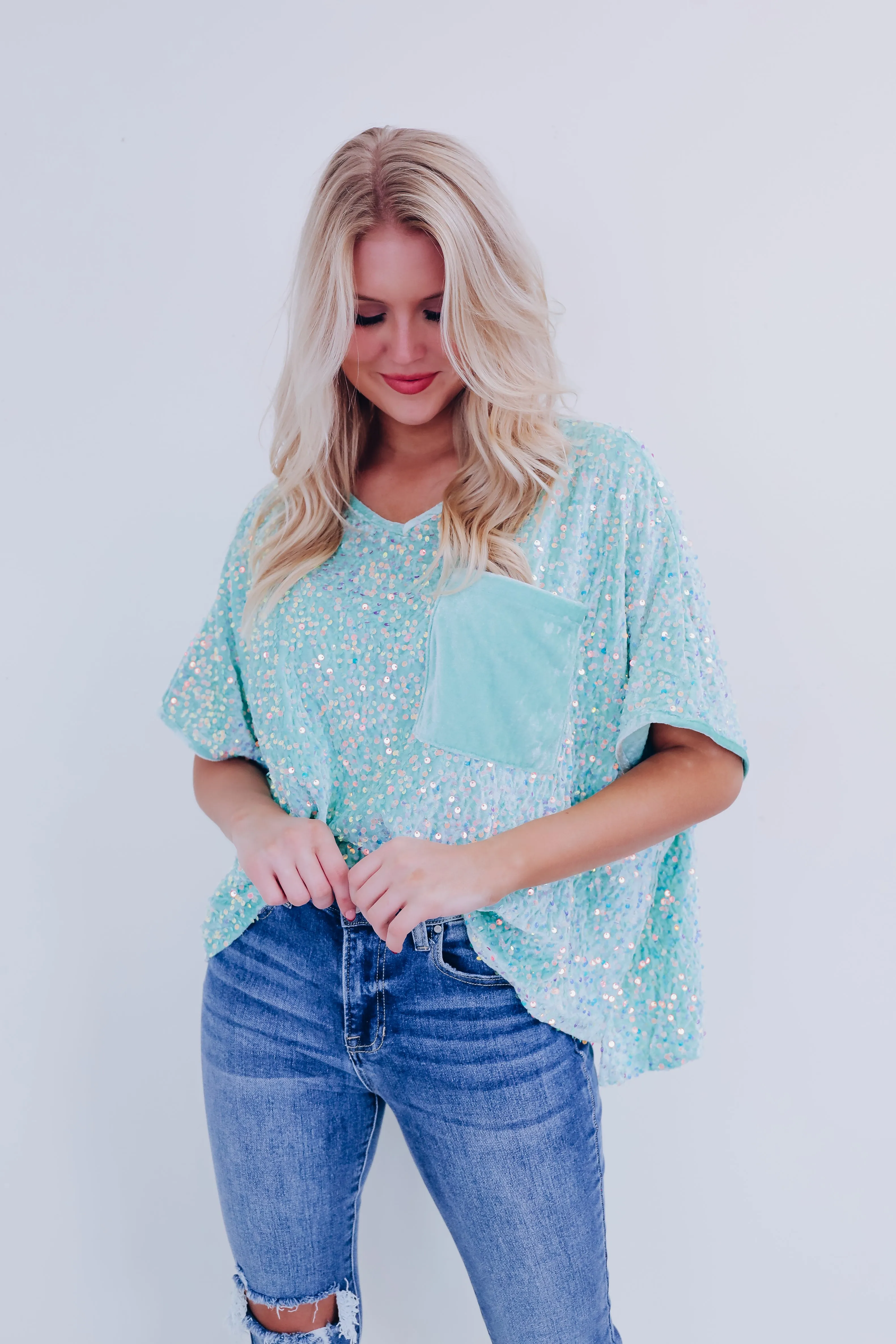 Sav Sequin N Velvet Top - Sage