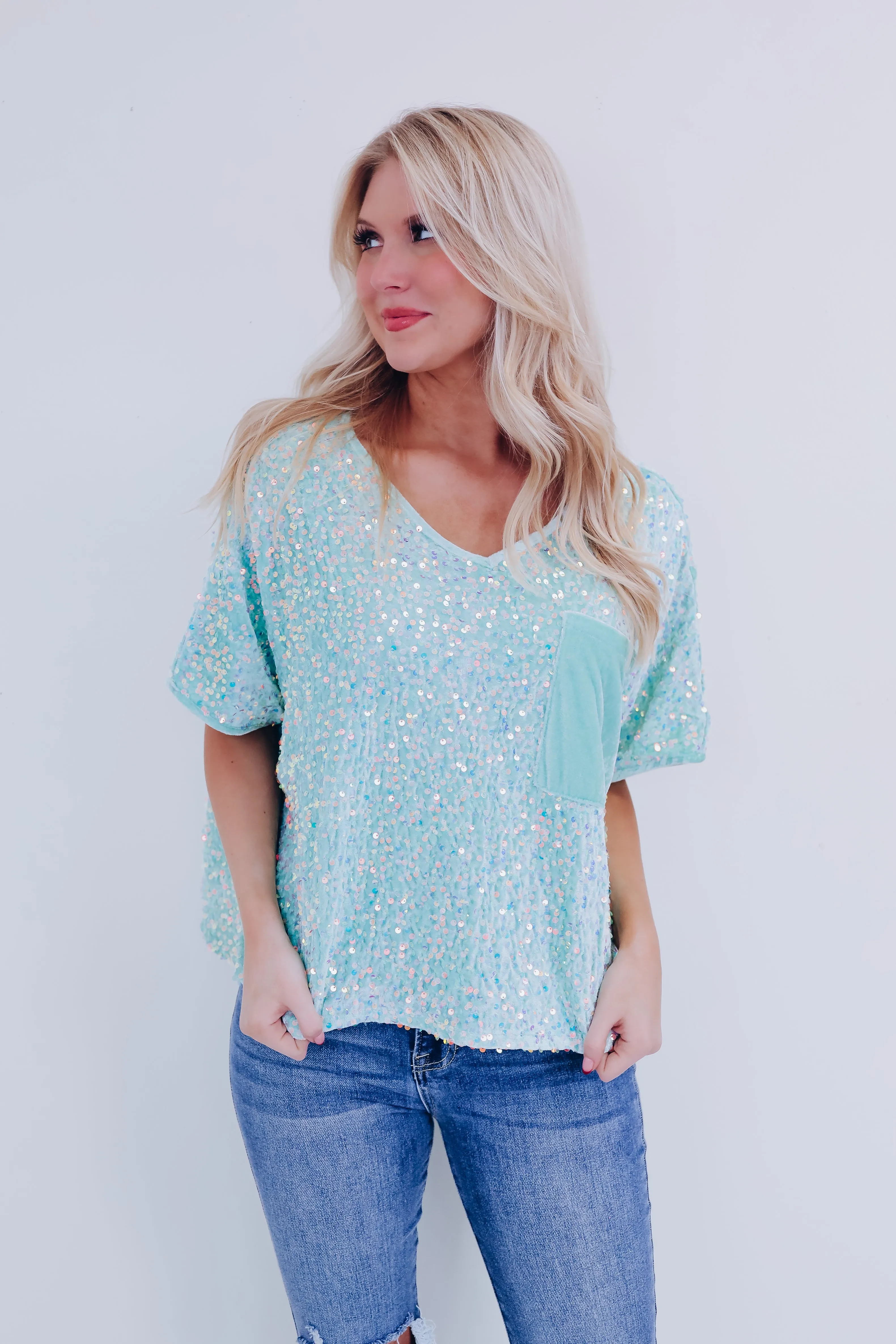 Sav Sequin N Velvet Top - Sage