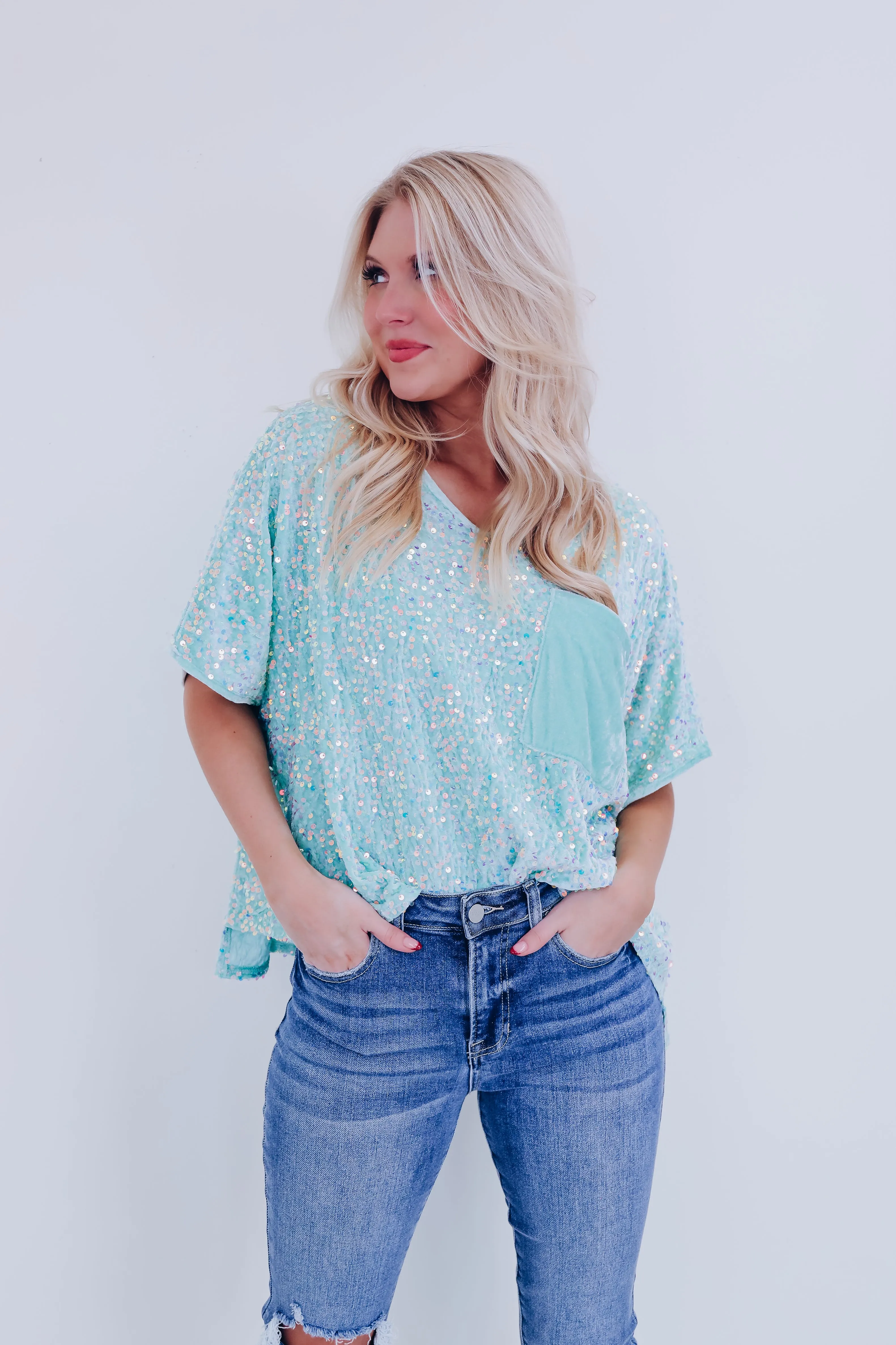 Sav Sequin N Velvet Top - Sage
