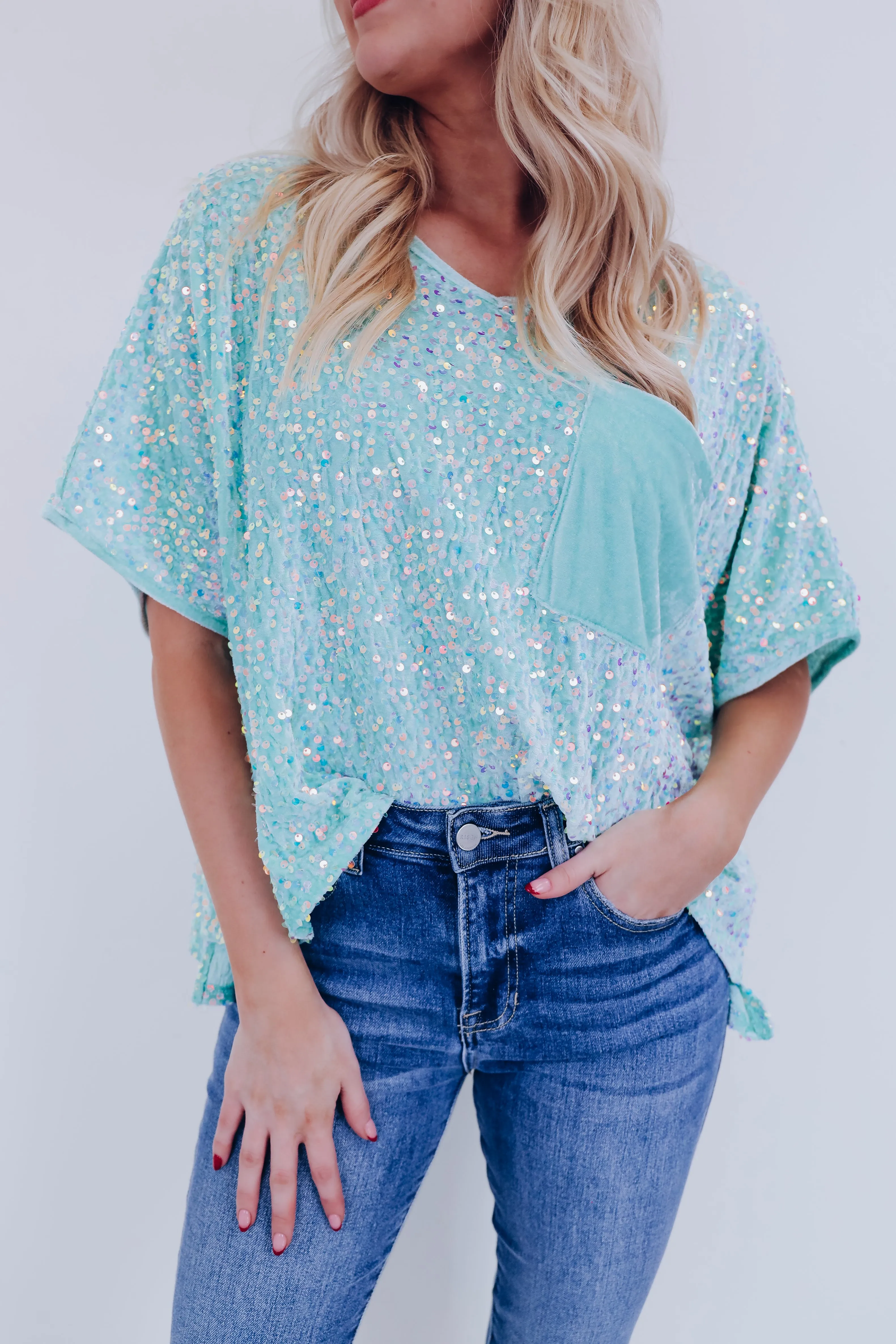 Sav Sequin N Velvet Top - Sage