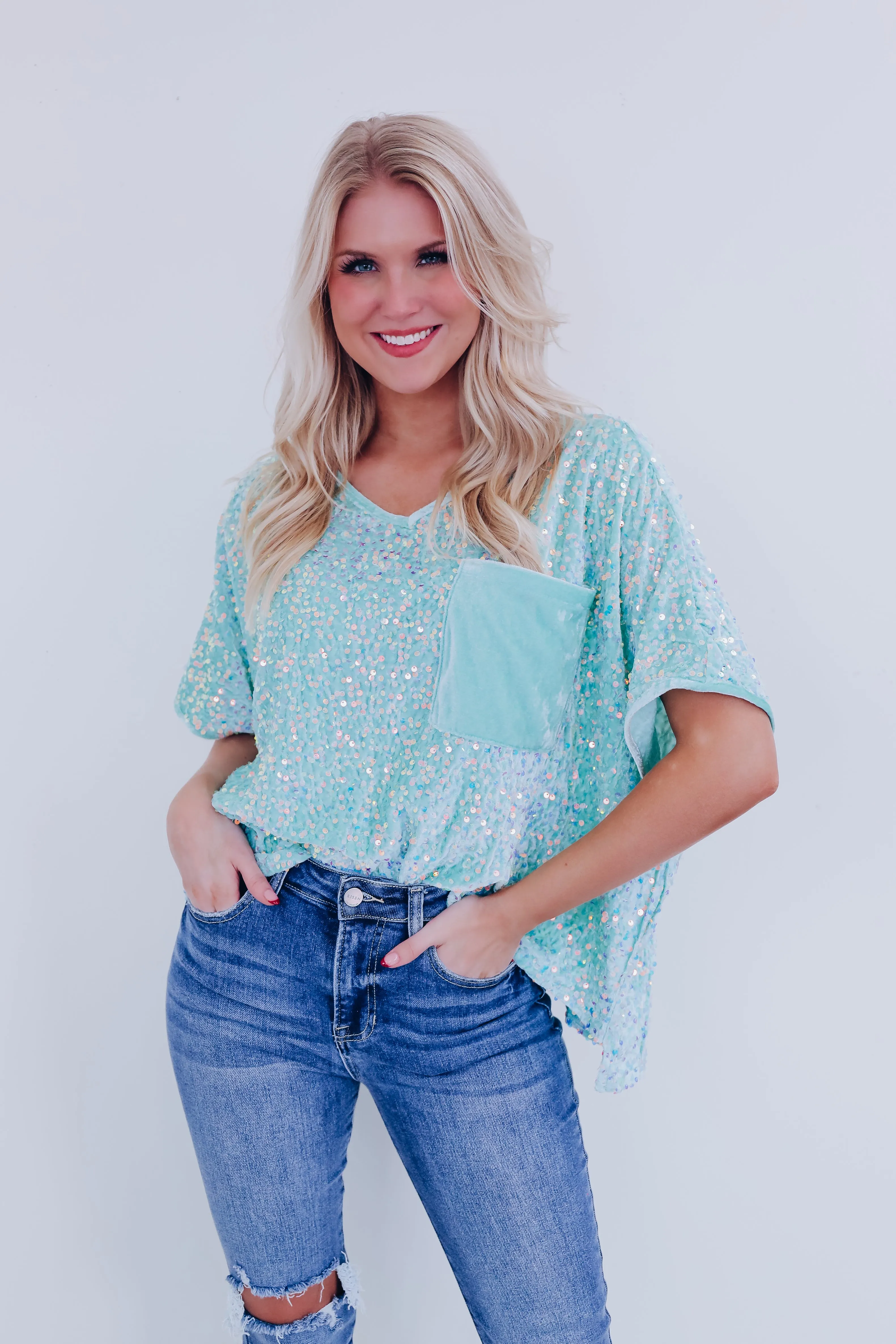Sav Sequin N Velvet Top - Sage