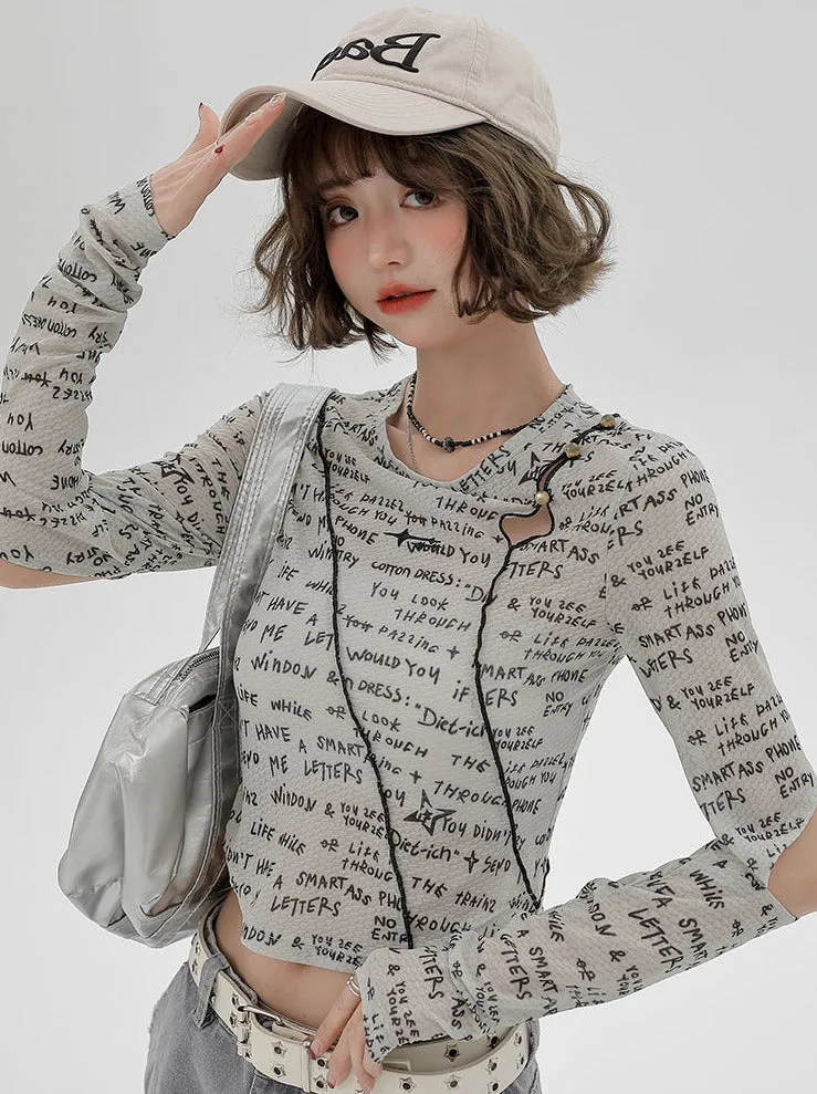 Sleeve Split Short Print Slim Top Letter