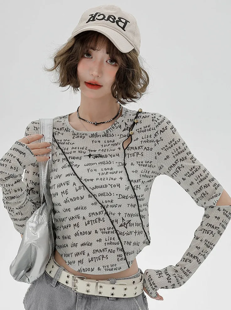 Sleeve Split Short Print Slim Top Letter