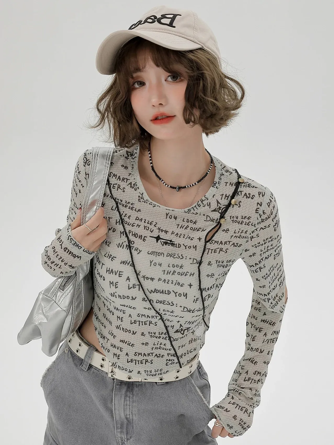 Sleeve Split Short Print Slim Top Letter