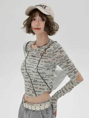 Sleeve Split Short Print Slim Top Letter