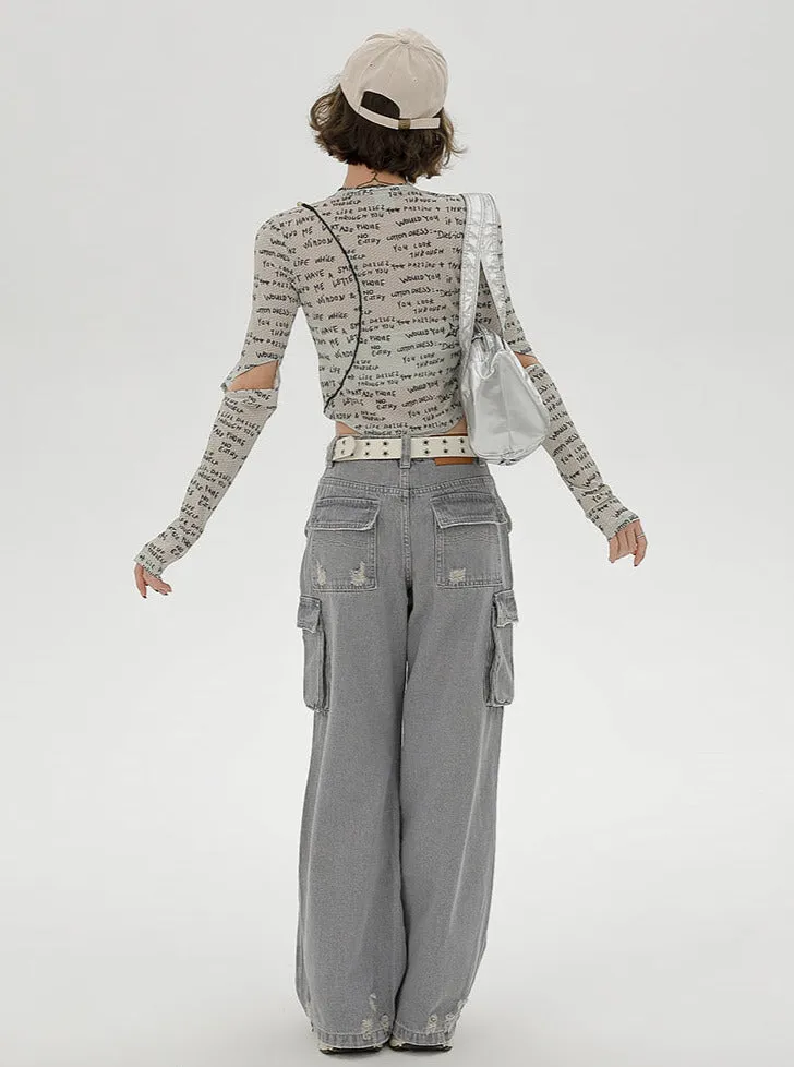 Sleeve Split Short Print Slim Top Letter