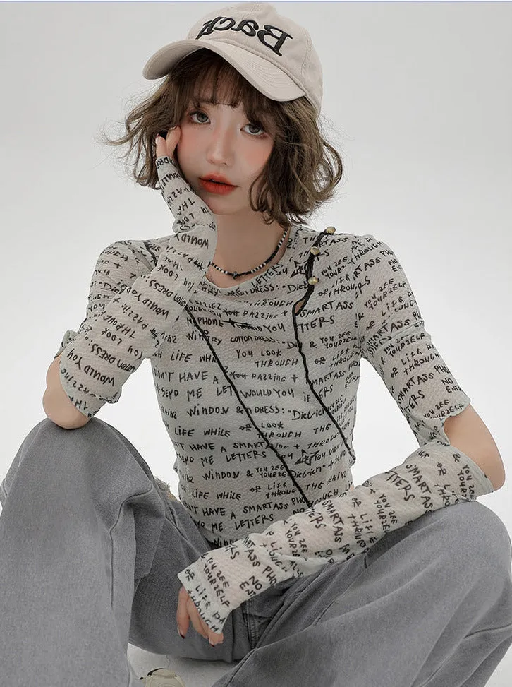 Sleeve Split Short Print Slim Top Letter
