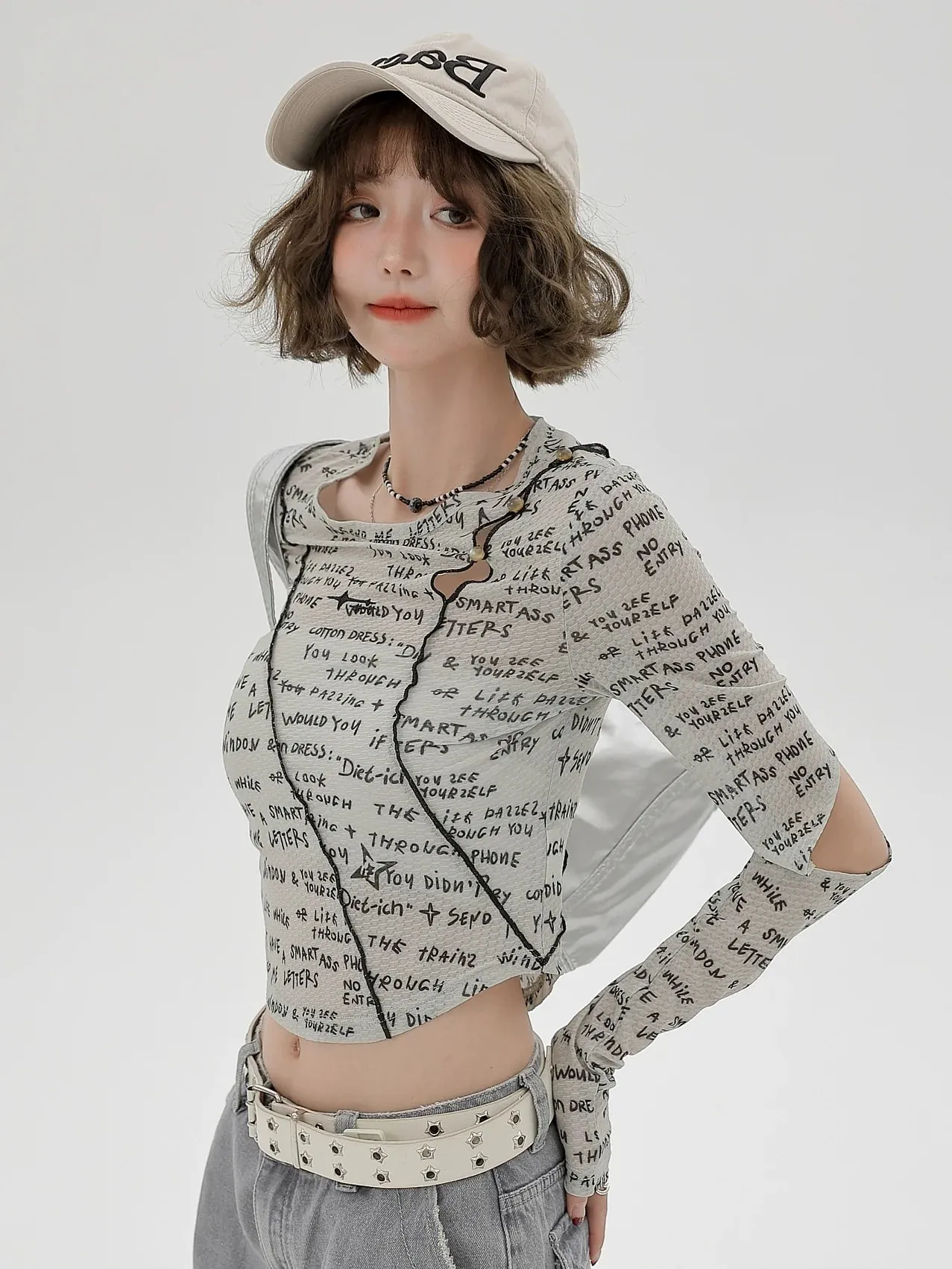 Sleeve Split Short Print Slim Top Letter