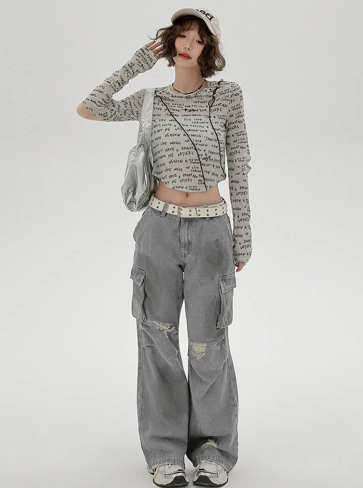 Sleeve Split Short Print Slim Top Letter