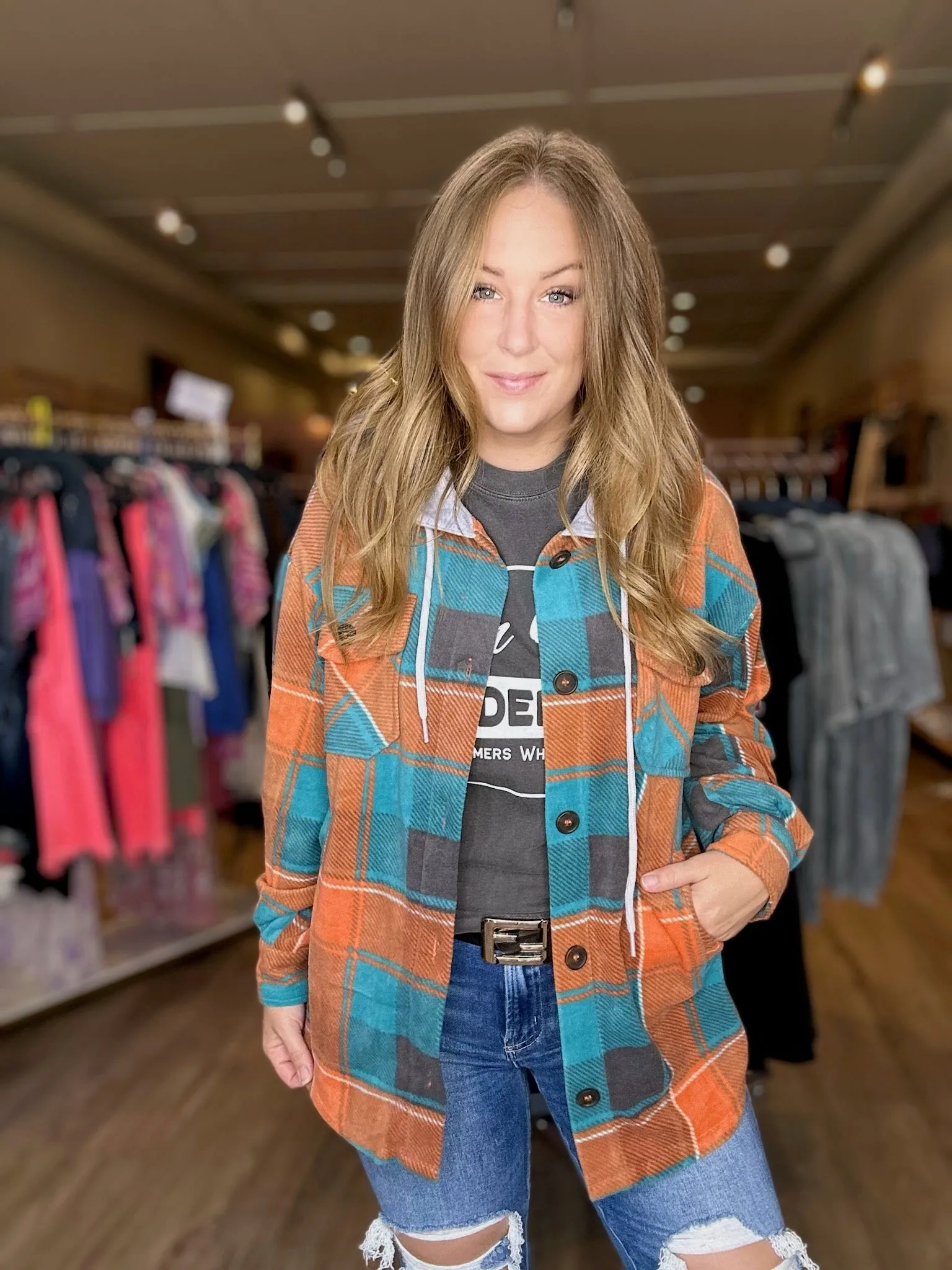 Teal Plaid Fleece Hooded Shacket
