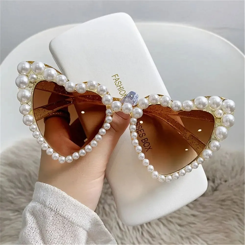 Trending Bling Eyewear Beach Party Glasses Pearls Sun Glasses Shades Heart Sunglasses