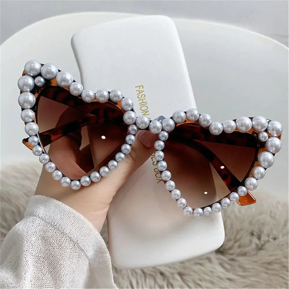 Trending Bling Eyewear Beach Party Glasses Pearls Sun Glasses Shades Heart Sunglasses