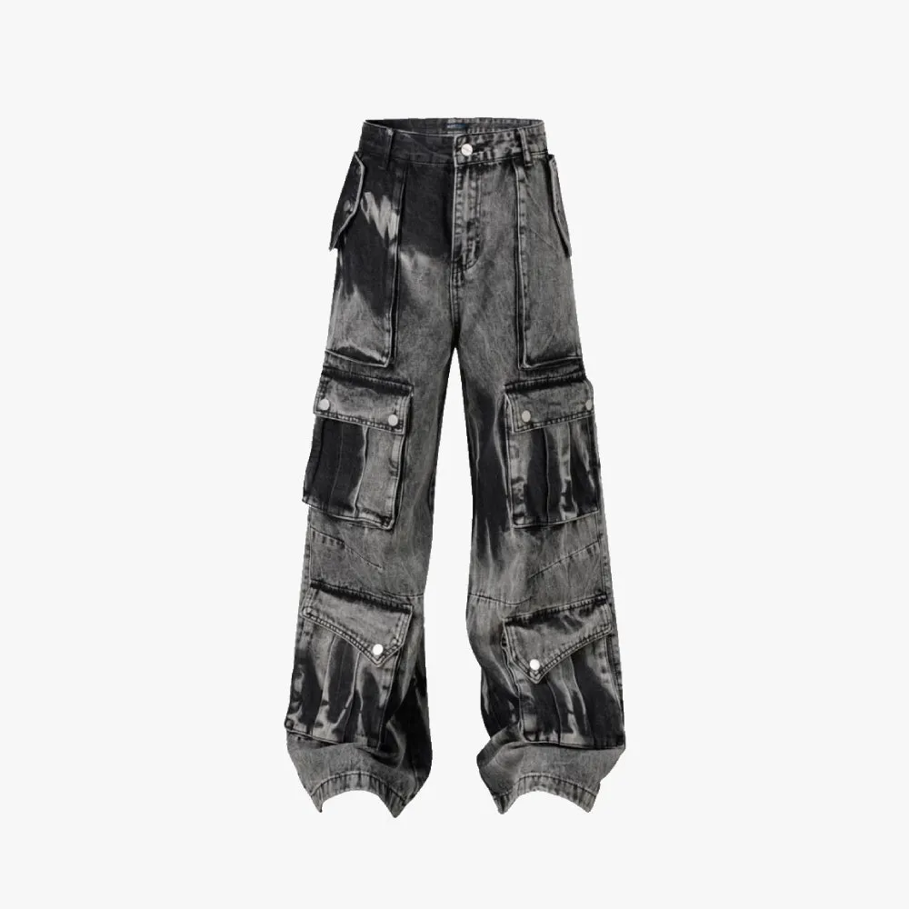 Washed Black Multi Pockets Baggy Denim