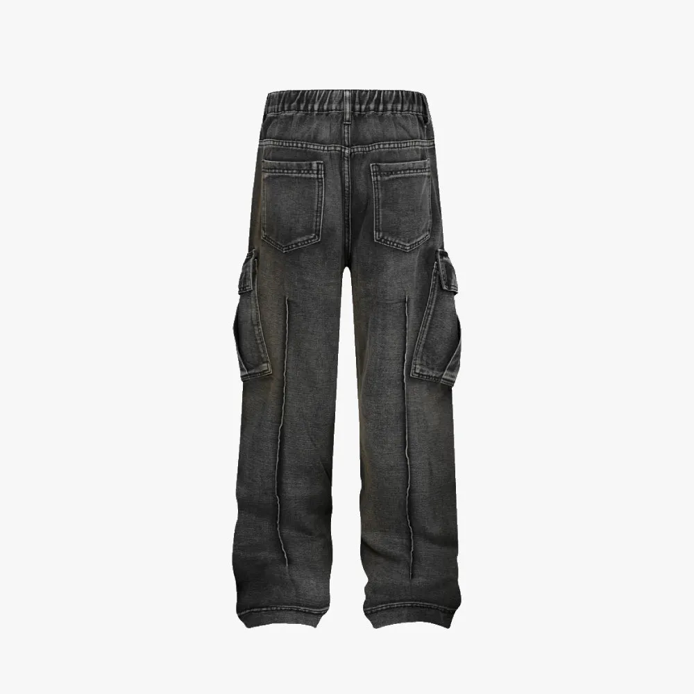 Washed Black Multi Pockets Baggy Denim
