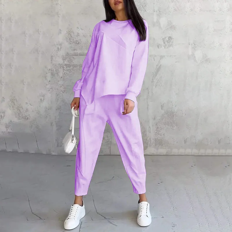 Women Long-Sleeve Irregular Hem Sweatshirts & Pants Set