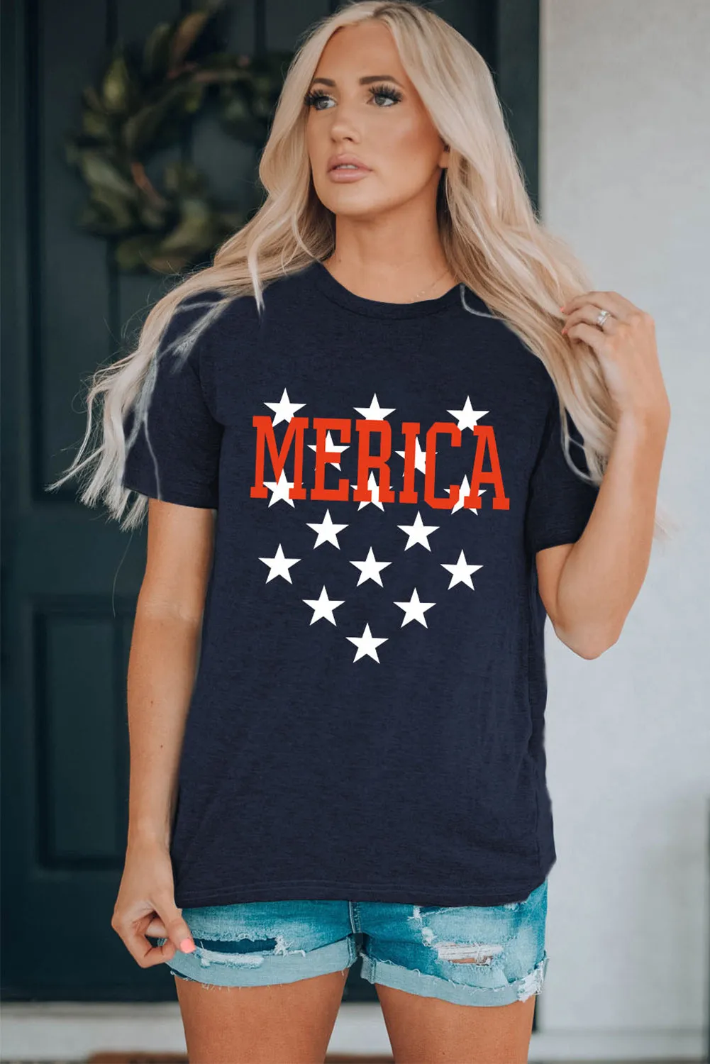 Women's MERICA Star Print Short Sleeve Tee Relaxed Fit Graphic Tee
