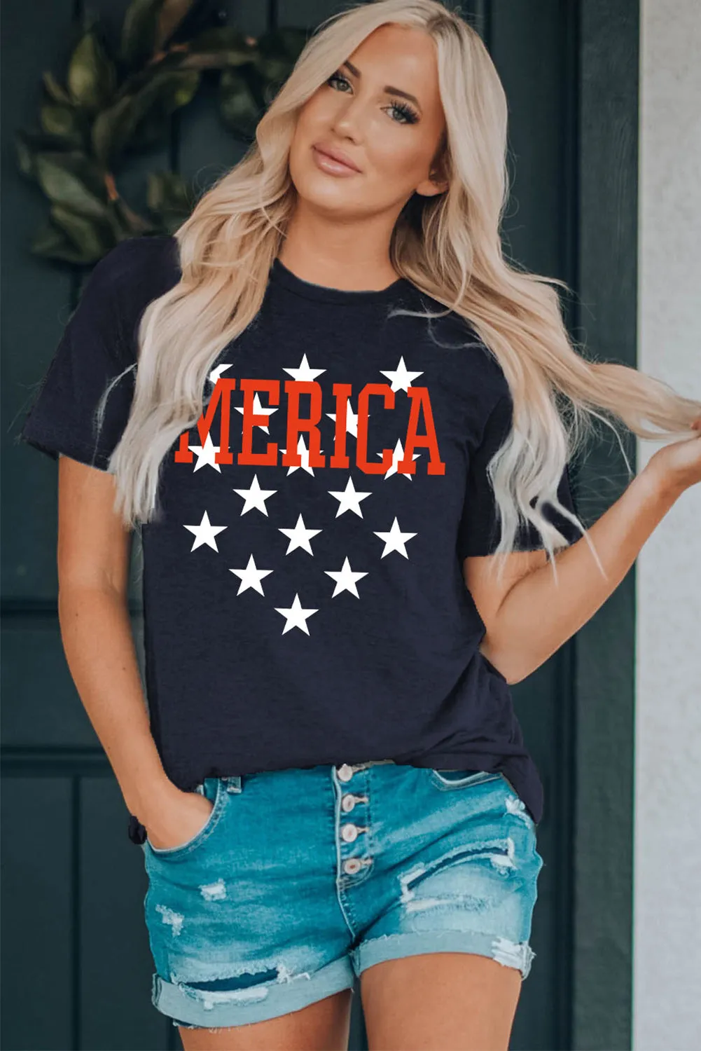 Women's MERICA Star Print Short Sleeve Tee Relaxed Fit Graphic Tee