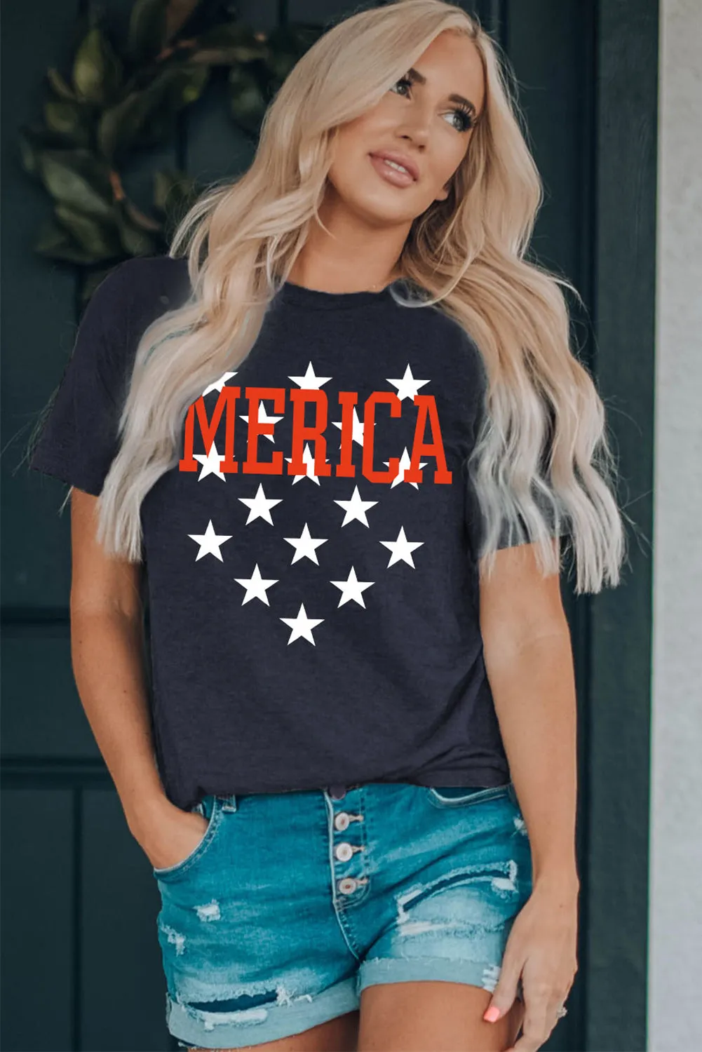 Women's MERICA Star Print Short Sleeve Tee Relaxed Fit Graphic Tee